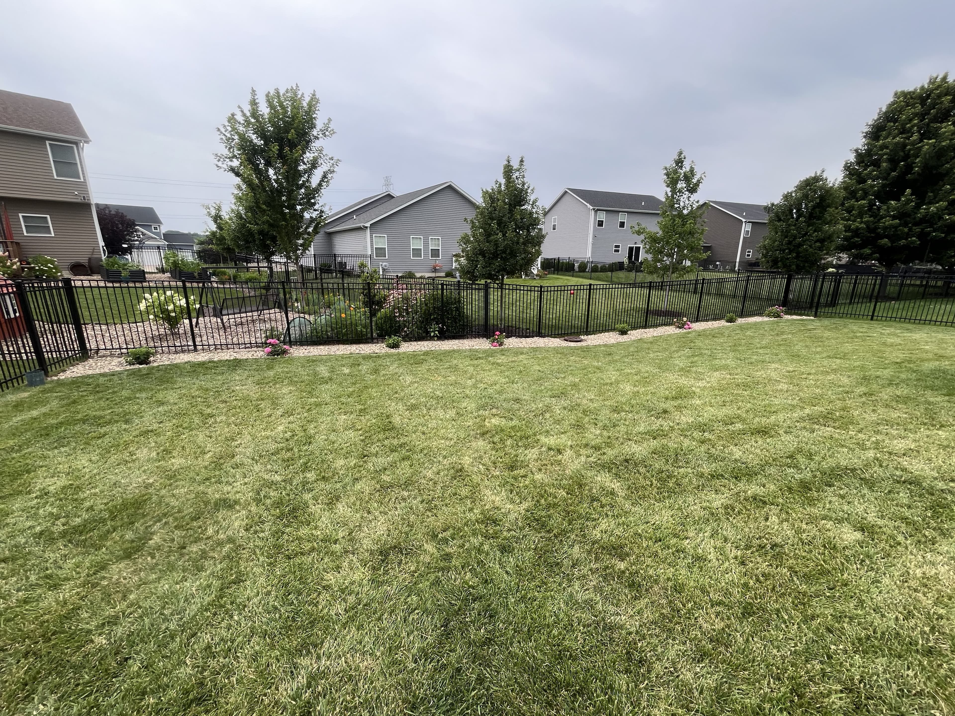 Full backyard: lawn, beds & fence line